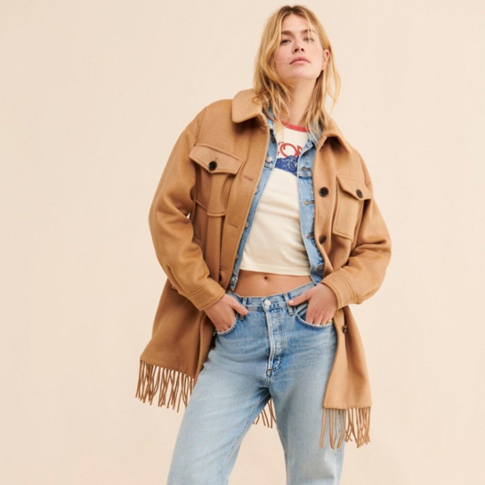 Sanctuary Western Fringe Hem Camel Wool Blend Button Up Coat NWOT